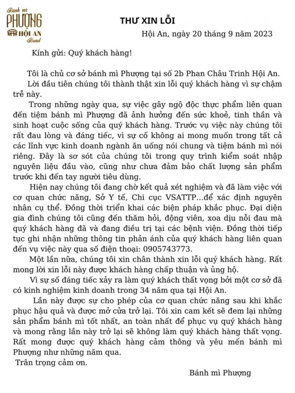 Thư xin lỗi của chủ tiệm bánh mì Phượng.