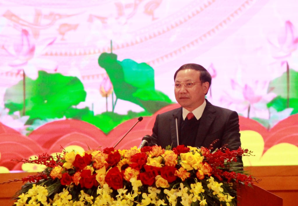 Bí thư Tỉnh ủy Quảng Ninh Nguyễn Xuân Ký phát biểu tại buổi gặp mặt đầu năm. Ảnh: QMG.