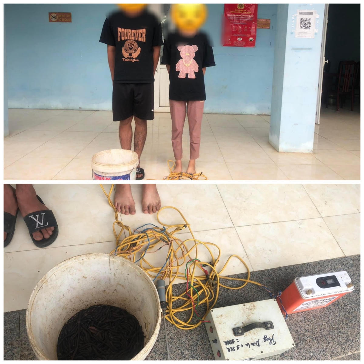 2 đối tượng cùng tang vật bị cơ quan Công an xã Vĩnh Đồng thu giữ.