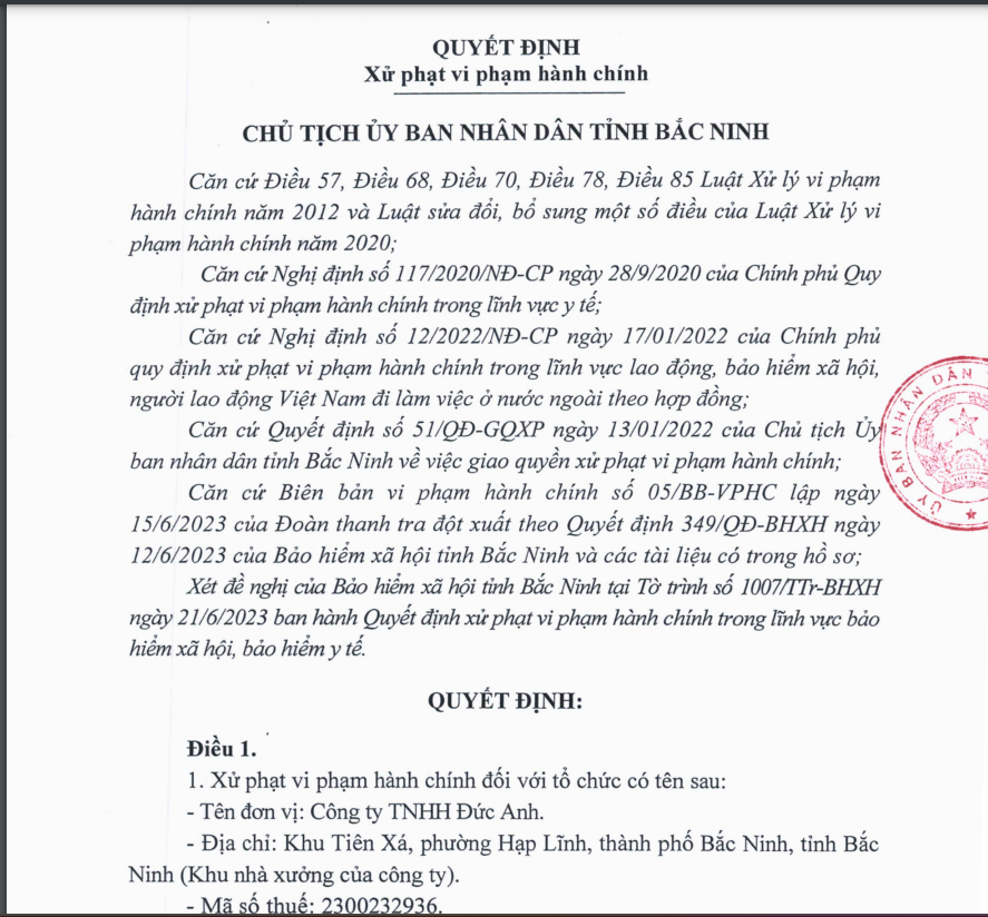 Công ty TNHH Đức Anh bị xử phạt tổng số tiền 154 triệu đồng.