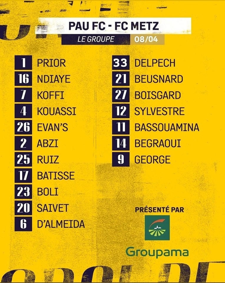 Danh sách cầu thủ của Pau FC trước trận đối đầu với Metz. Ảnh: Pau FC.