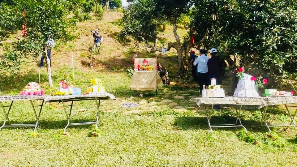 Người dân bày đồ lễ quanh cây chè tổ, đồ lễ gồm: gồm: Hương, rượu, cơm nếp; bên dưới dưới bàn thờ có một con gà trống đen còn sống. 