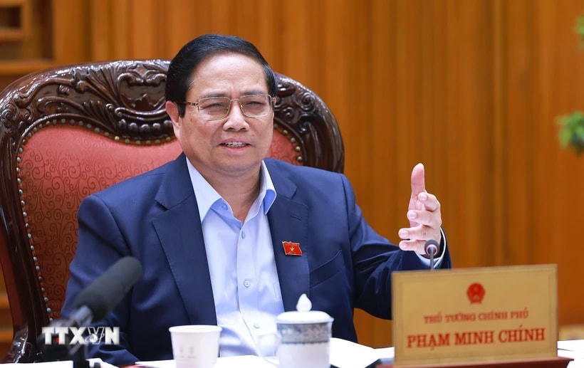 Thủ tướng Phạm Minh Chính chủ trì cuộc họp Thường trực Chính phủ về dự án sân bay Gia Bình. (Ảnh: Dương Giang/TTXVN)