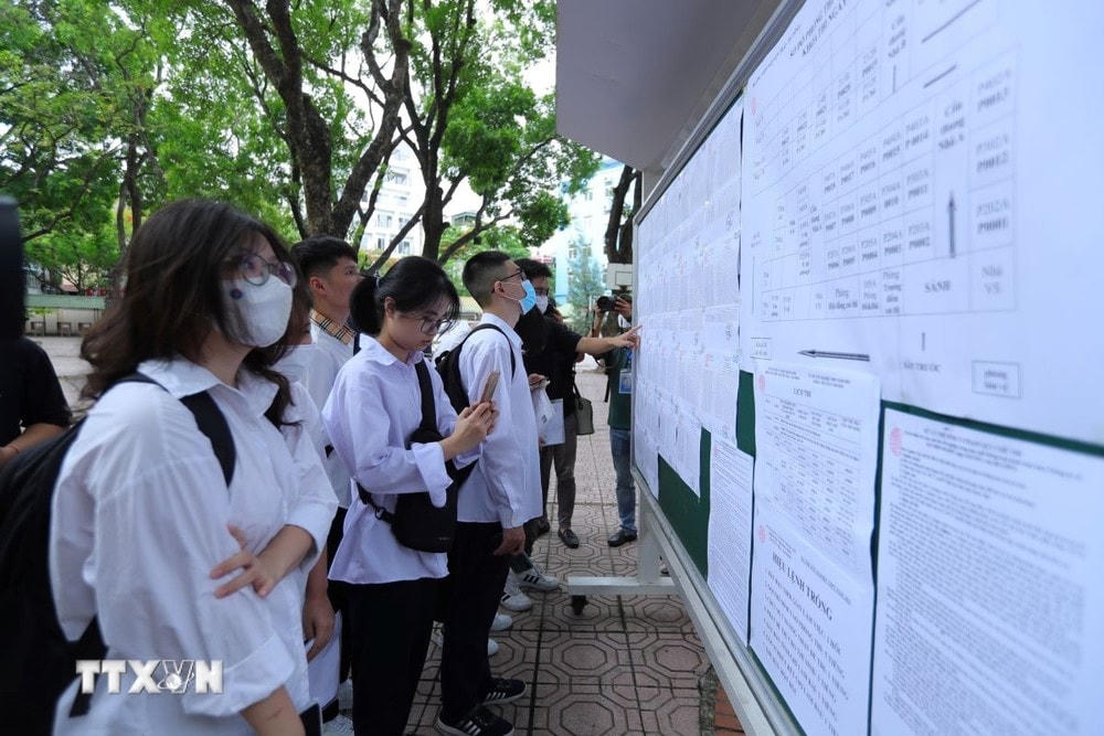 Thí sinh kiểm tra, rà soát thông tin cá nhân tại điểm thi. (Ảnh: Hoàng Hiếu/TTXVN) ttxvn_thi_tot_nghiep_THPT_2306-2.jpg