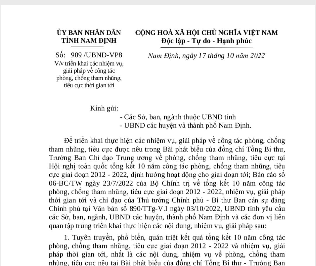 Văn bản chỉ đạo của UBND tỉnh Nam Định về việc triển khai các nhiệm vụ, giải pháp về công tác phòng, chống tham nhũng, tiêu cực.