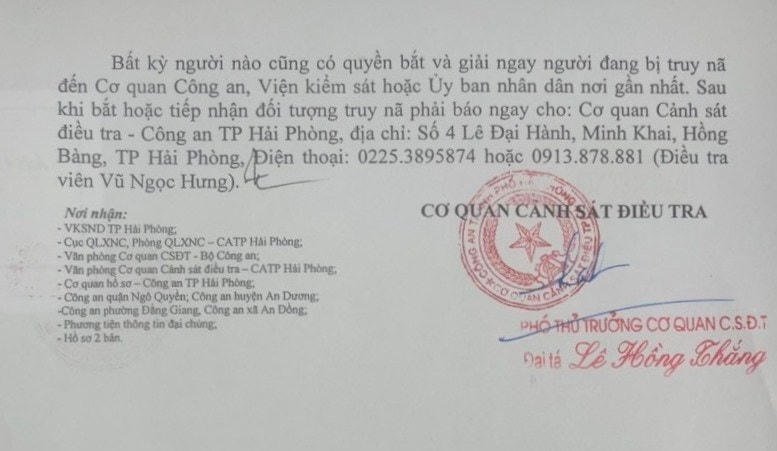 Thông báo truy nã từ Công an TP Hải Phòng.