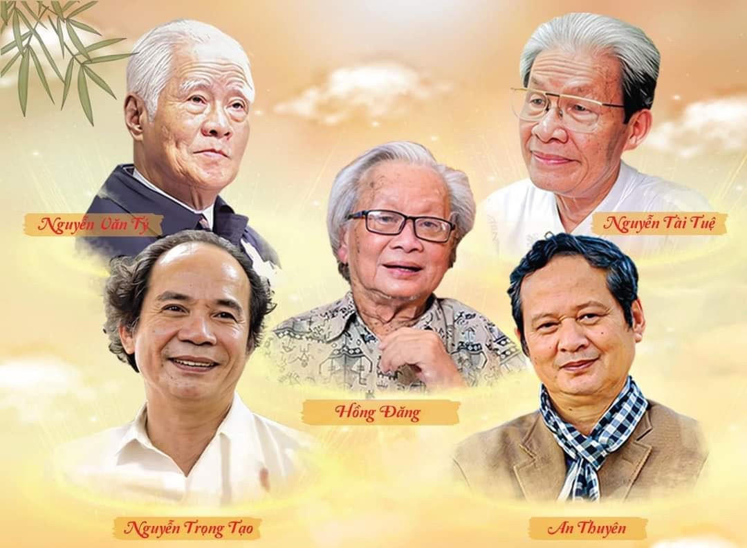 Chương trình nghệ thuật "Mạch nguồn Ví, Giặm" tôn vinh 5 nhạc sĩ tài hoa của quê hương xứ Nghệ: Nguyễn Văn Tý, Nguyễn Tài Tuệ, Hồng Đăng, Nguyễn Trọng Tạo và An Thuyên (Ảnh: Ban Tổ chức).