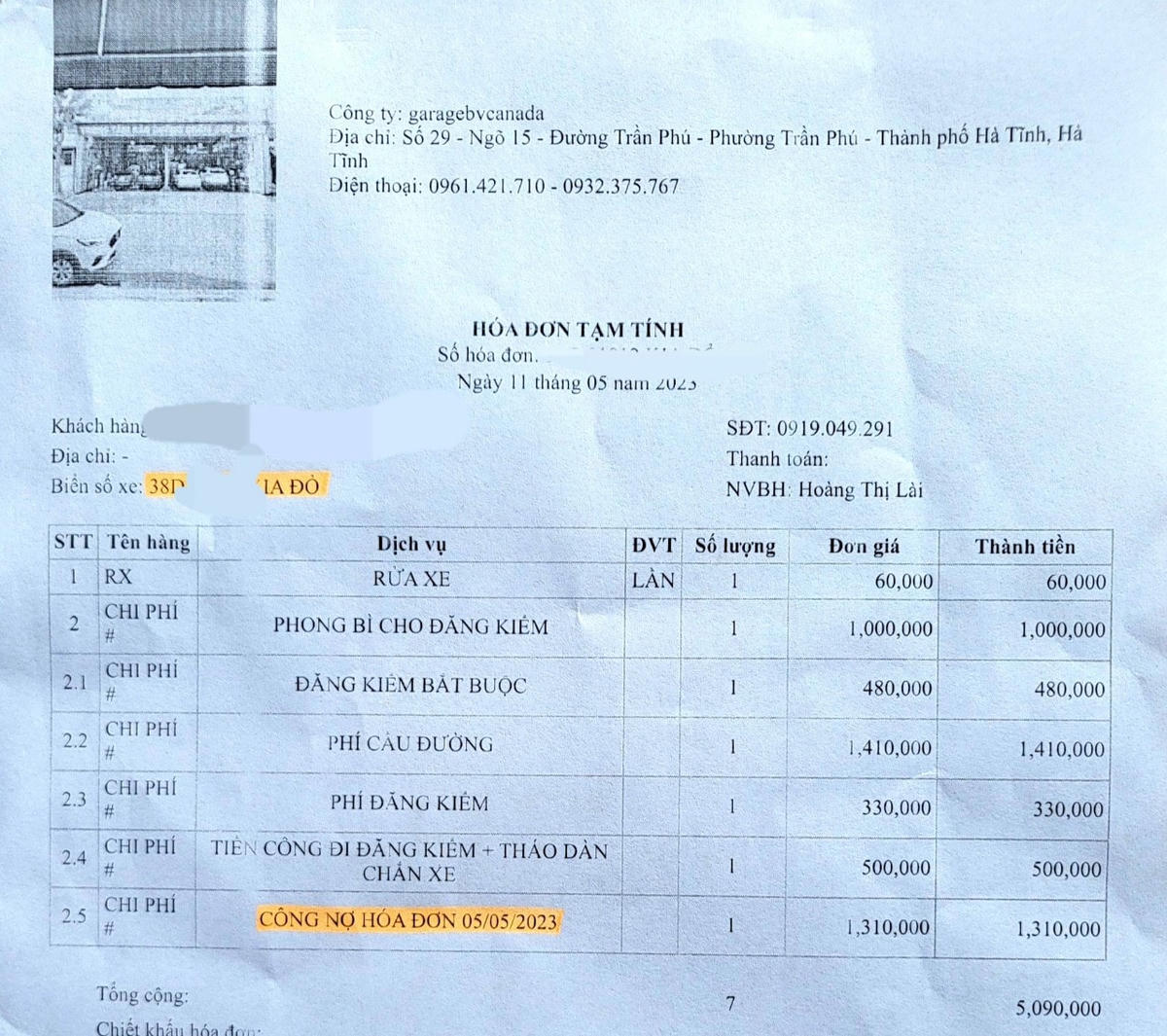 Hóa đơn có dòng chữ nhạy cảm "phong bì cho đăng kiểm".