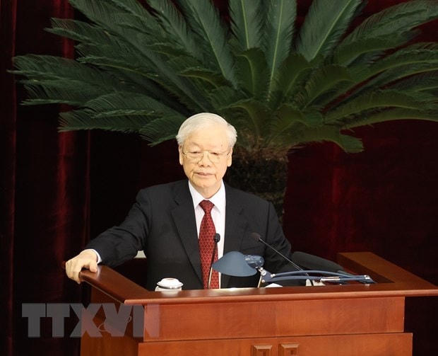 Tổng Bí thư Nguyễn Phú Trọng phát biểu bế mạc Hội nghị. (Ảnh: Trí Dũng/TTXVN).