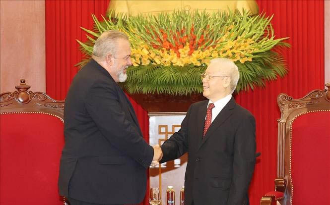 Tổng Bí thư Nguyễn Phú Trọng tiếp Thủ tướng Cuba Manuel Marrero Cruz. Ảnh: Trí Dũng/TTXVN.