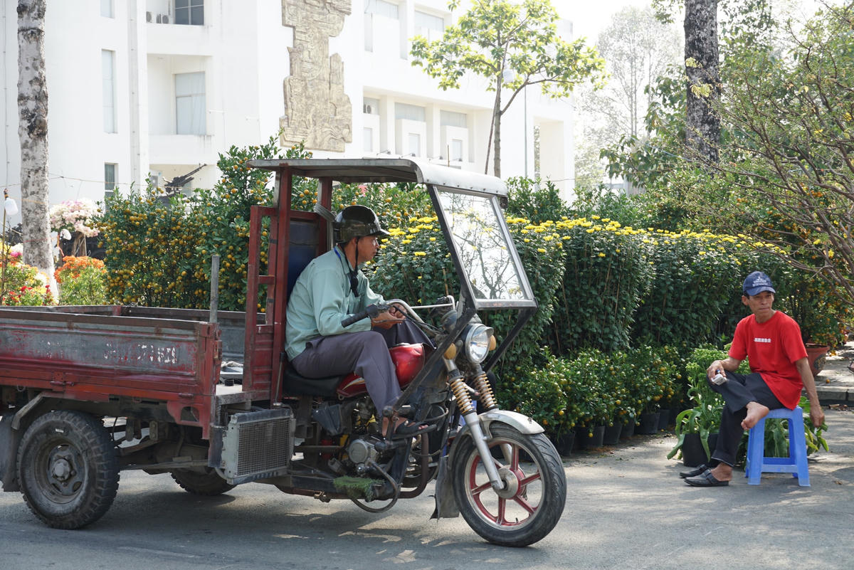 Hoa Tết ế còn làm cho những ngành nghề ăn theo không có đất sống, nhất là nghề vận chuyển hoa Tết. Ảnh: Mạnh Thìn.