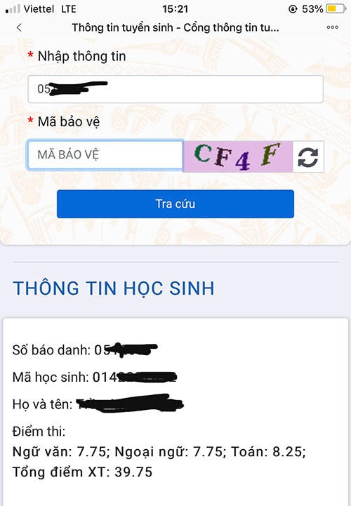 Kết quả tra cứu điểm tuyển sinh vào lớp 10.