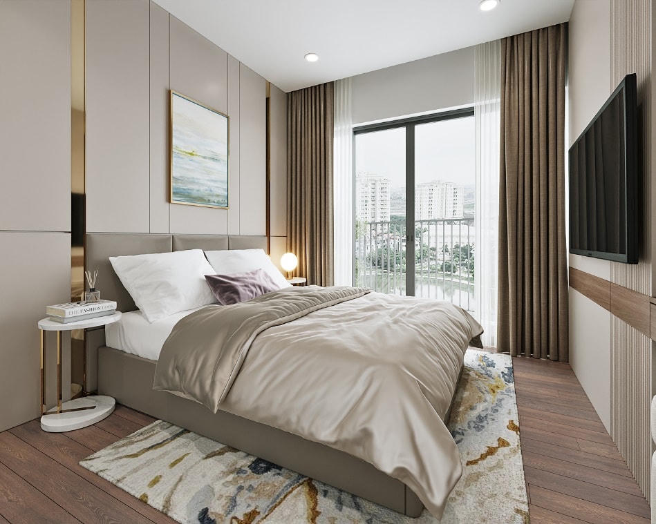 Không gian hiện đại với ban công và cửa kính tấm lớn cho phép ánh sáng tự nhiên và không khí lưu thông tràn ngập căn hộ.