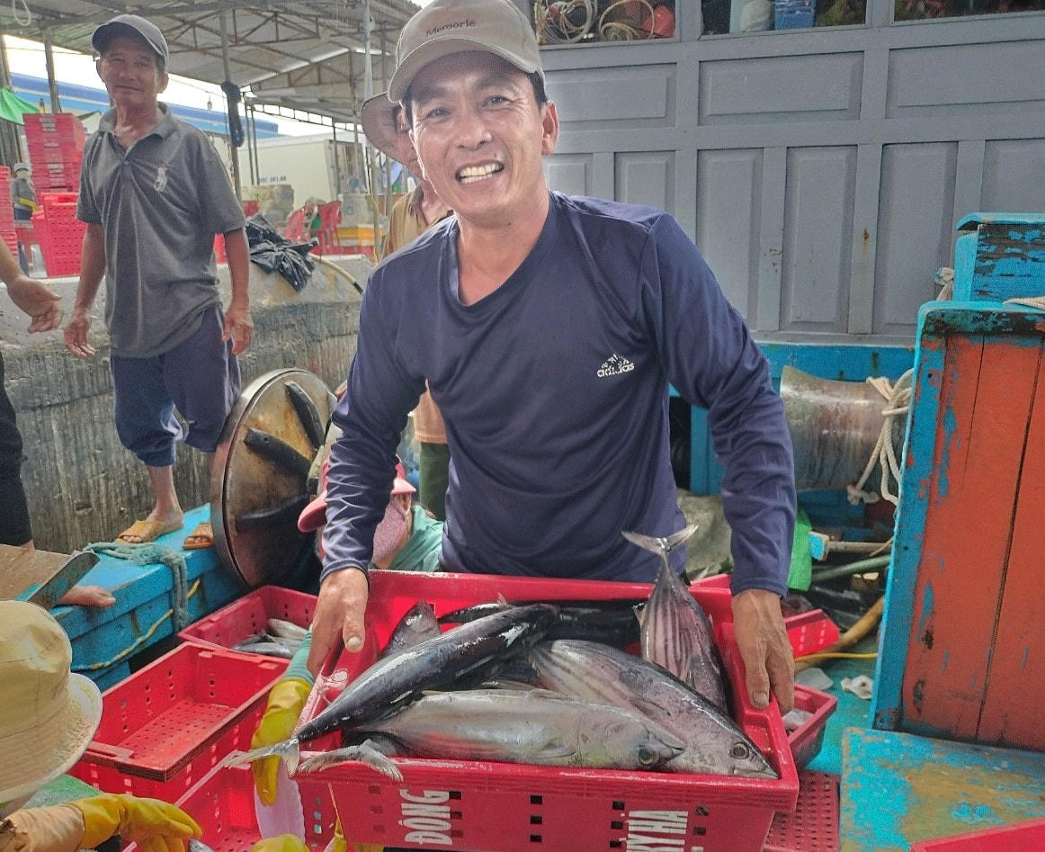 Ngư dân Trần Phi chia sẻ đánh bắt trúng nhiều mẻ cá ngừ sọc dừa.