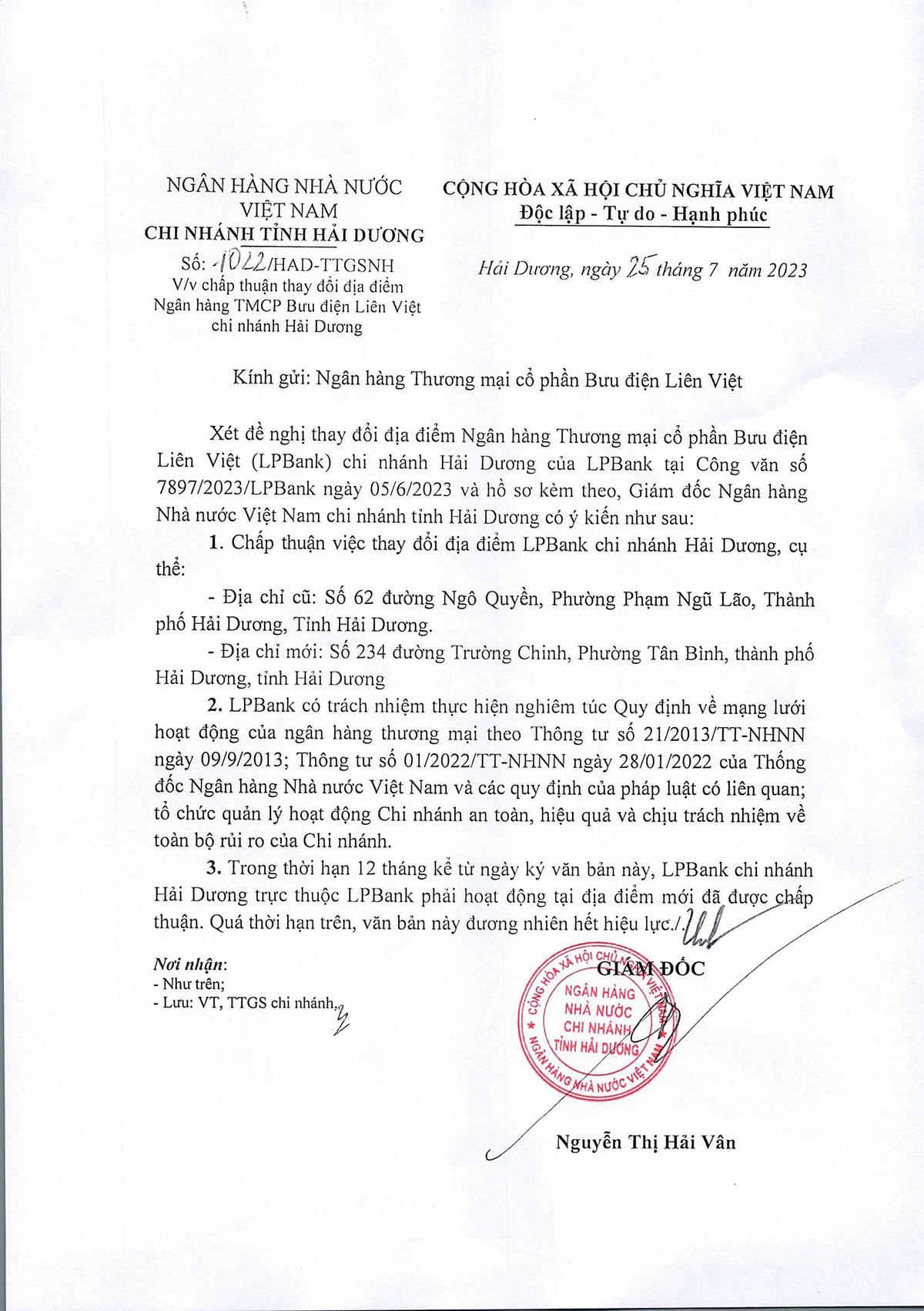 Thông báo công văn của Ngân hàng nhà nước về việc chấp thuận cho LPB thay đổi địa điểm Chi nhánh Hải Dương