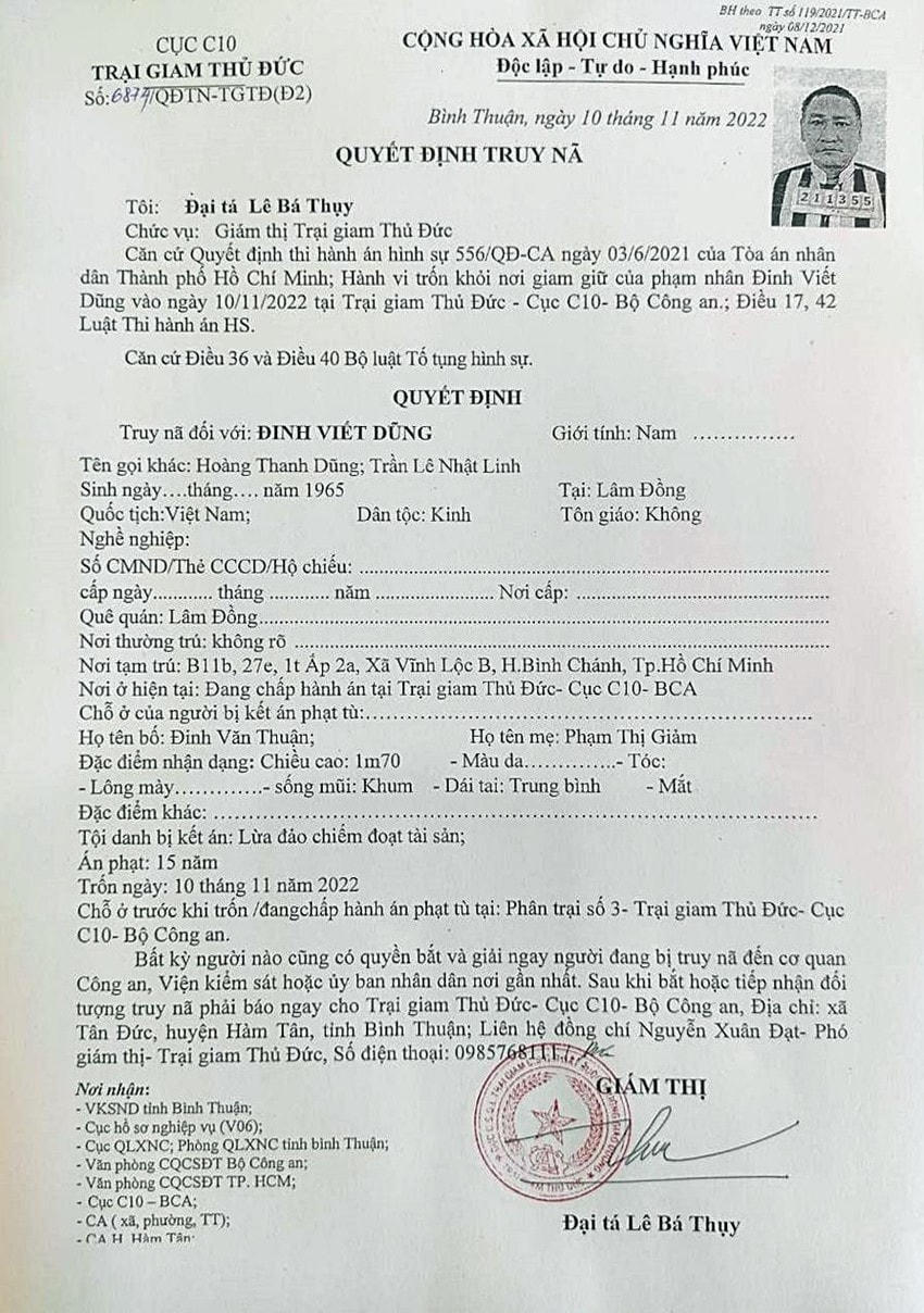 Quyết định truy nã Đinh Viết Dũng.  