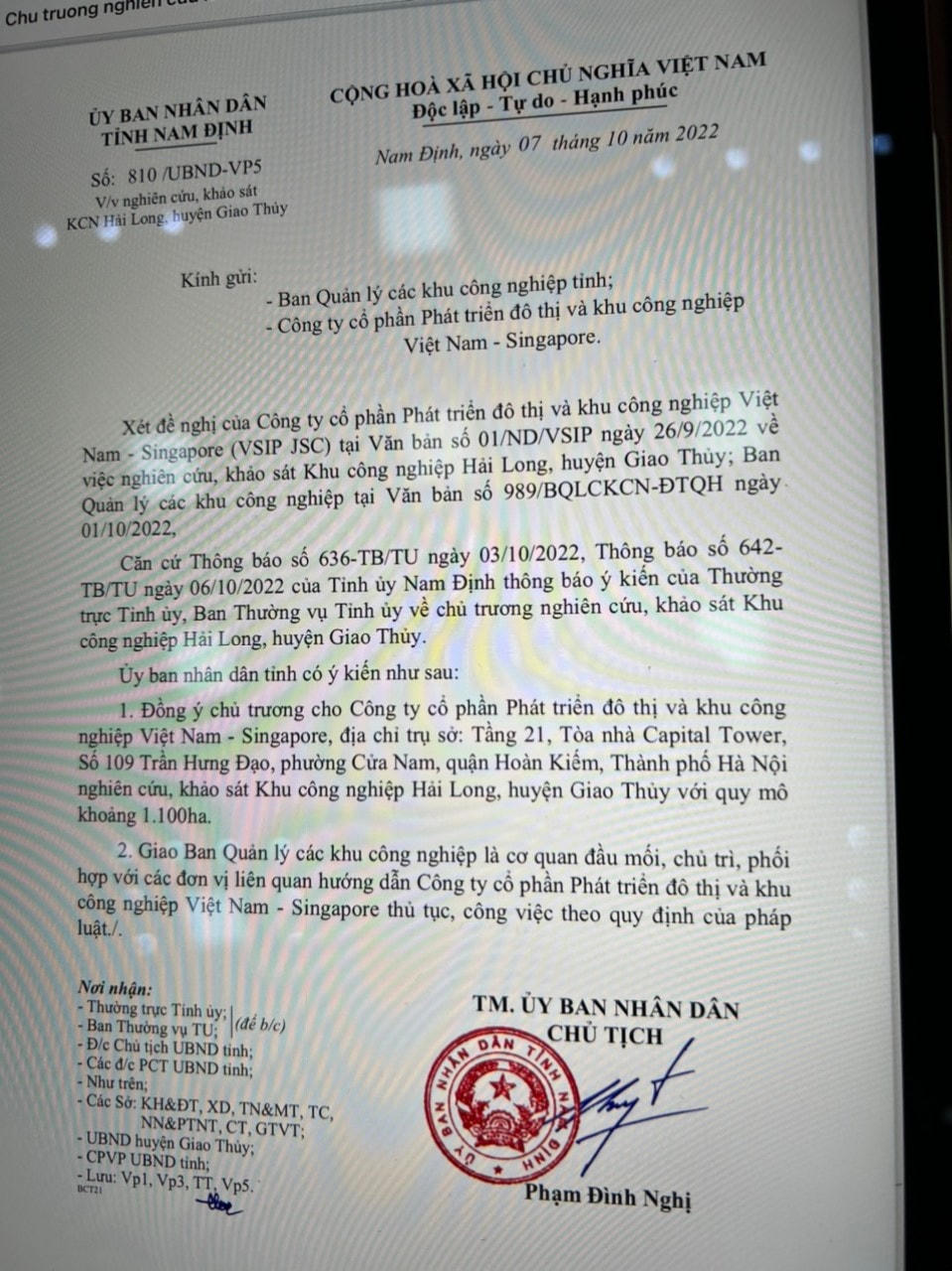 Văn bản của UBND tỉnh Nam Định ban hành ngày 7/10, đồng ý chủ trương cho VSIP JSC nghiên cứu, khảo sát KCN Hải Long.