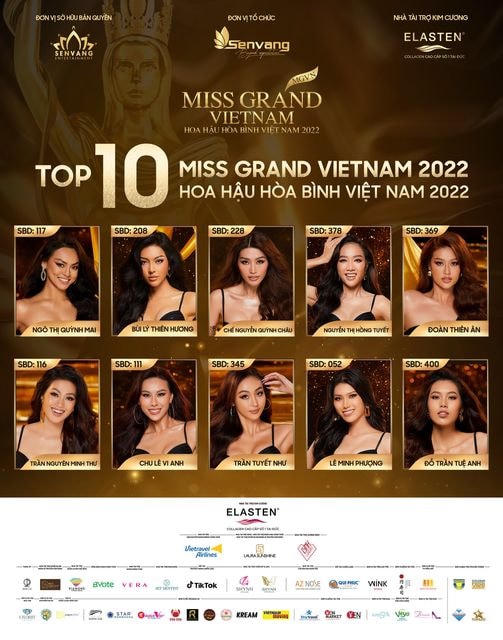Top 10 thí sinh được gọi tên trong đêm chung kết Hoa hậu Hòa bình 2022. 