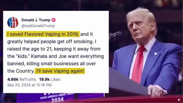 Tổng thống Mỹ Donald Trump cam kết bảo hộ ngành hàng thuốc lá mới tại Mỹ, đồng thời trấn áp buôn lậu và ngăn chặn giới trẻ tiếp cận. (Ảnh: Vapor Technology Association).