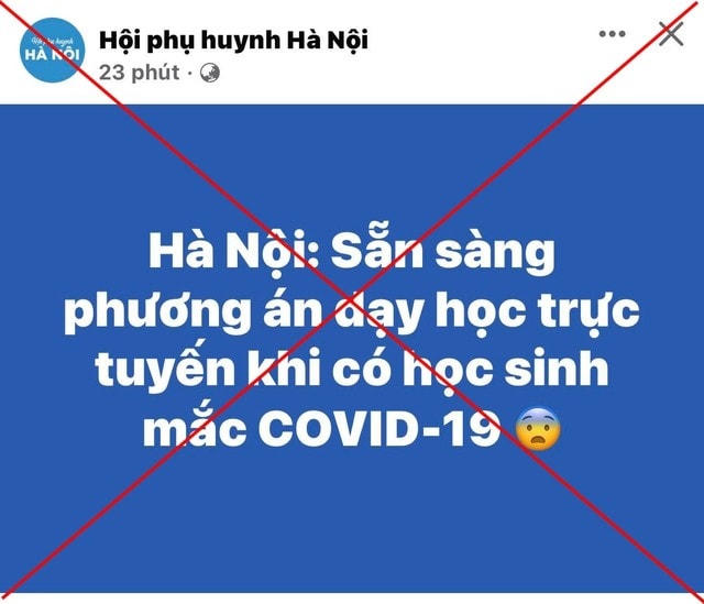 Thông tin "Hà Nội sẵn sàng dạy học trực tuyến khi có học sinh mắc Covid-19" được chia sẻ trên mạng xã hội.