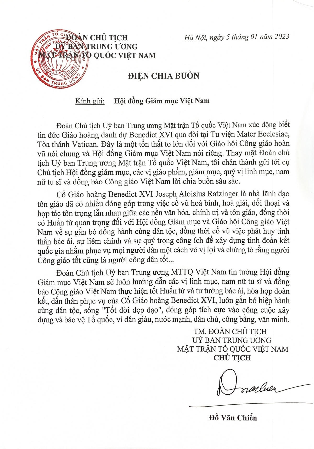 Điện chia buồn Giáo hoàng danh dự Benedict XVI qua đời