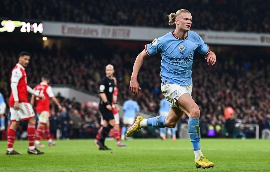 Haaland ăn mừng sau khi có được bàn thắng vào lưới Arsenal (Ảnh: GI).