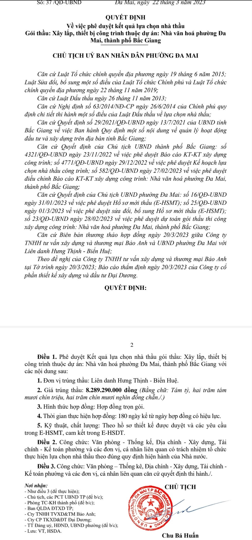Quyết định phê duyệt kết quả lựa chọn nhà thầu.