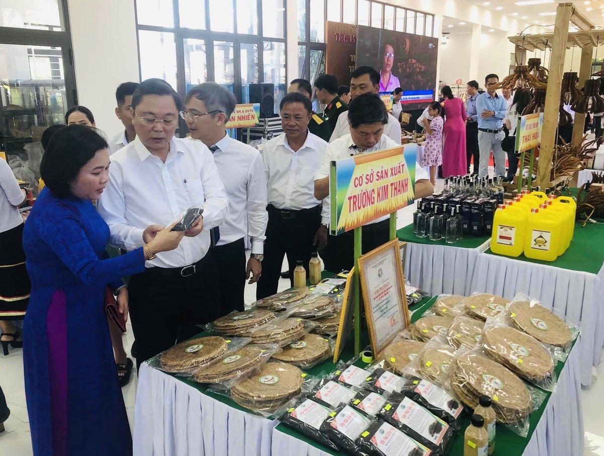 Ông Lê Trí Thanh, Chủ tịch UBND tỉnh Quảng Nam tham quan các gian hàng ở huyện Bắc Trà My. 
