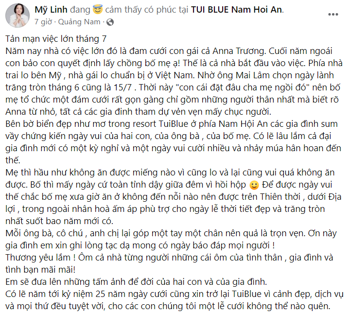 Mỹ Linh hạnh phúc chia sẻ về đám cưới con gái lớn.