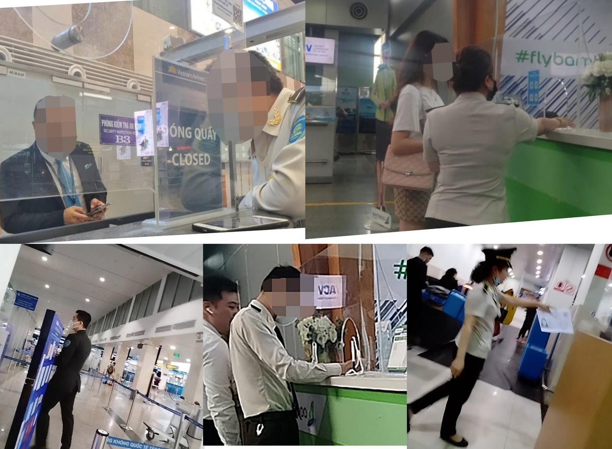 Những người mặc trang phục an ninh sân bay ở Cảng hàng không quốc tế Nội Bài; Cảng hàng không quốc tế Tân Sơn Nhất; Cảng hàng không quốc tế Đà Nẵng; Cảng hàng không quốc tế Phú Bài hội ý, hướng dẫn, đưa hành khách không có giấy tờ tuỳ thân qua cửa an ninh để ra tàu bay.