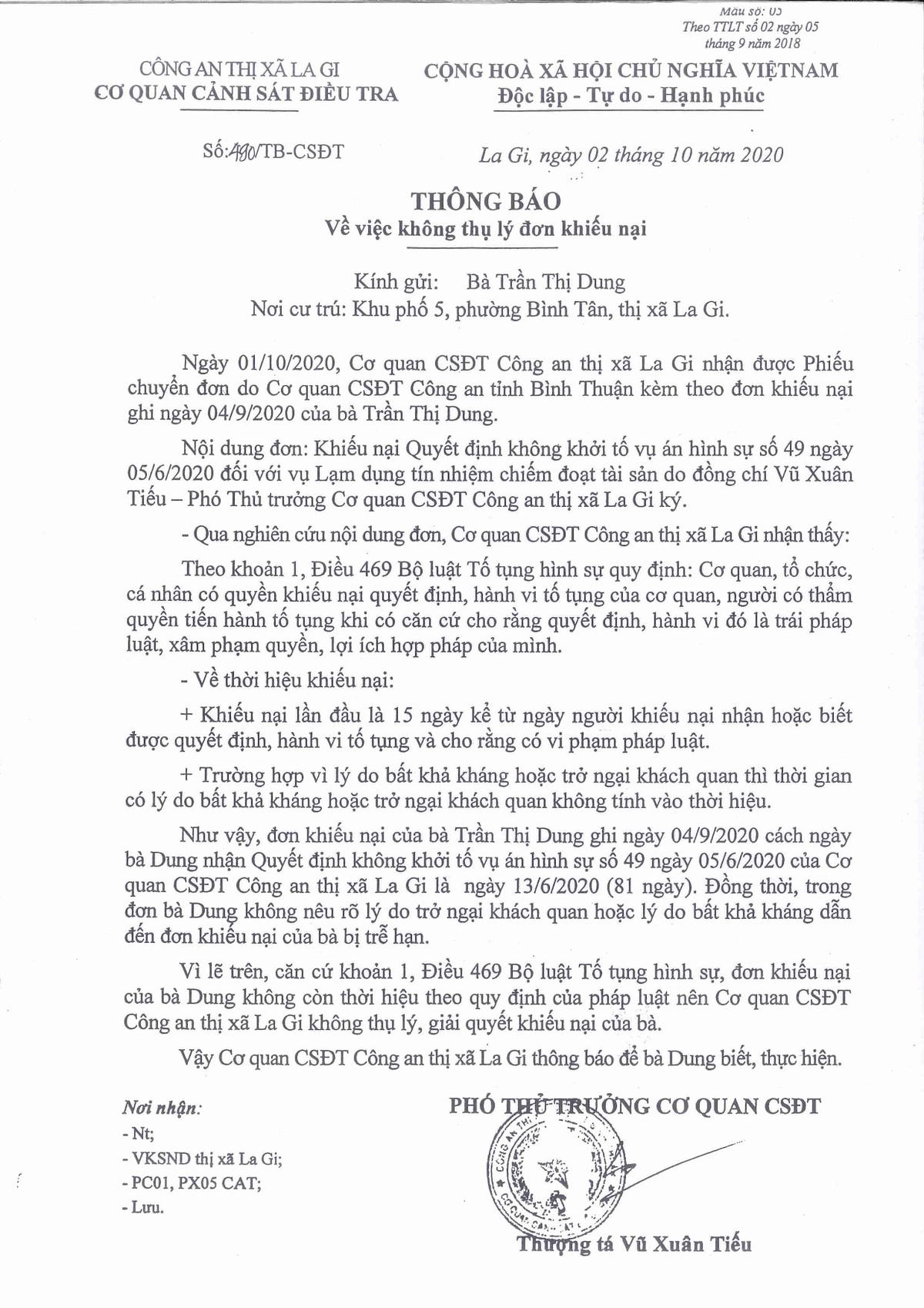 Ngày 2/10/2020 Cơ quan CSĐT Công an thị xã La Gi thông báo không thụ lý giải quyết đơn khiếu nại của các nạn nhân với lý do thời hiệu khiếu nại không còn.