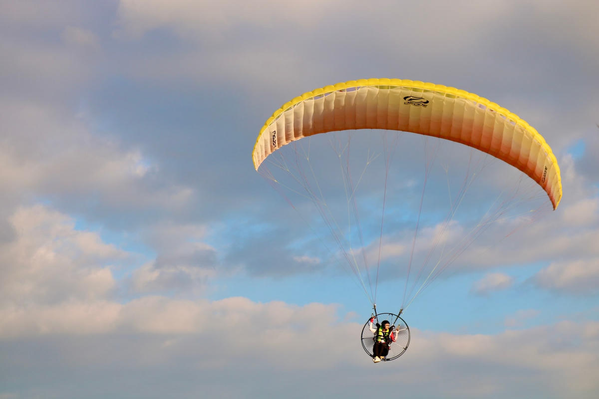 Dù lượn có các dây điều khiển hướng bay, đặc biệt còn có cần điều khiển ga cho động cơ gắn sau lưng để thay đổi tốc độ cánh quạt.