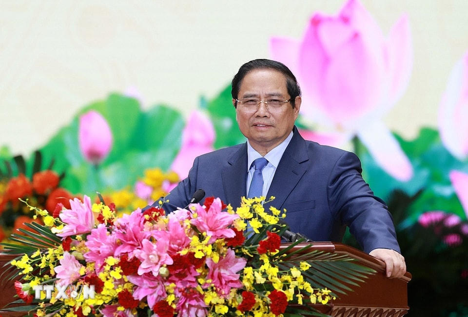 Thủ tướng Phạm Minh Chính, Bí thư Đảng ủy Chính phủ phát biểu chỉ đạo tại Đại hội. (Ảnh: Dương Giang/TTXVN)