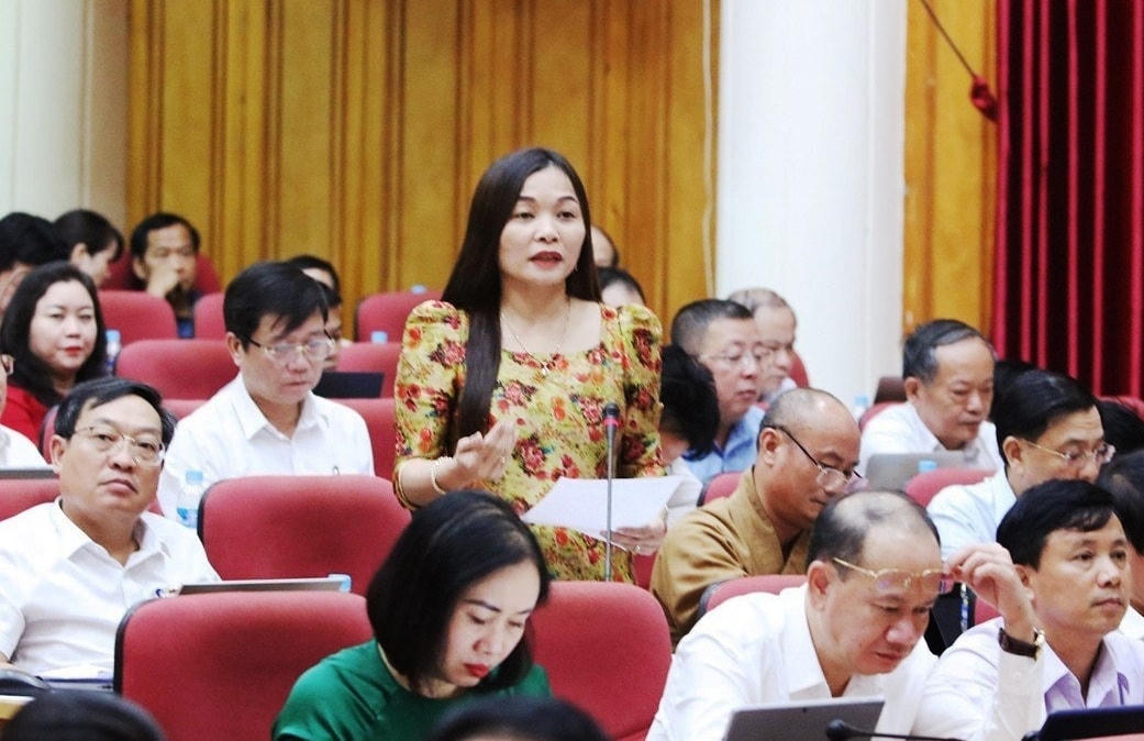 Đại biểu Nguyễn Thị Hà Tân (Phó trưởng Ban Tuyên giáo Tỉnh ủy Hà Tĩnh) đặt câu hỏi.
