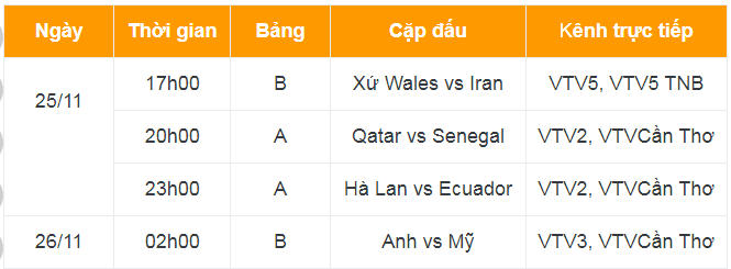 Lịch thi đấu và trực tiếp World Cup 2022 ngày 25/11.