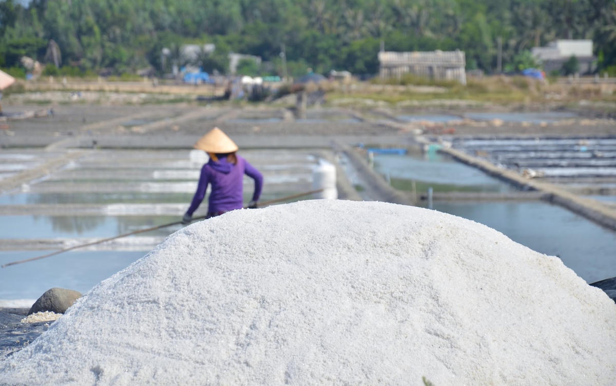 Một đống muối trắng tinh trên cánh đồng muối Sa Huỳnh.