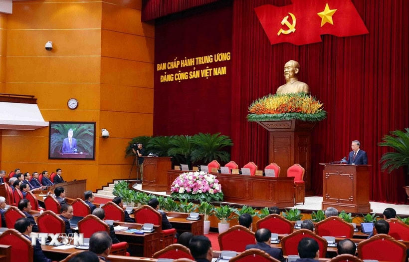 Tổng Bí thư Tô Lâm phát biểu bế mạc Hội nghị lần thứ 12 Ban Chấp hành Trung ương Đảng khóa XIII. (Ảnh: Phạm Kiên.TTXVN)