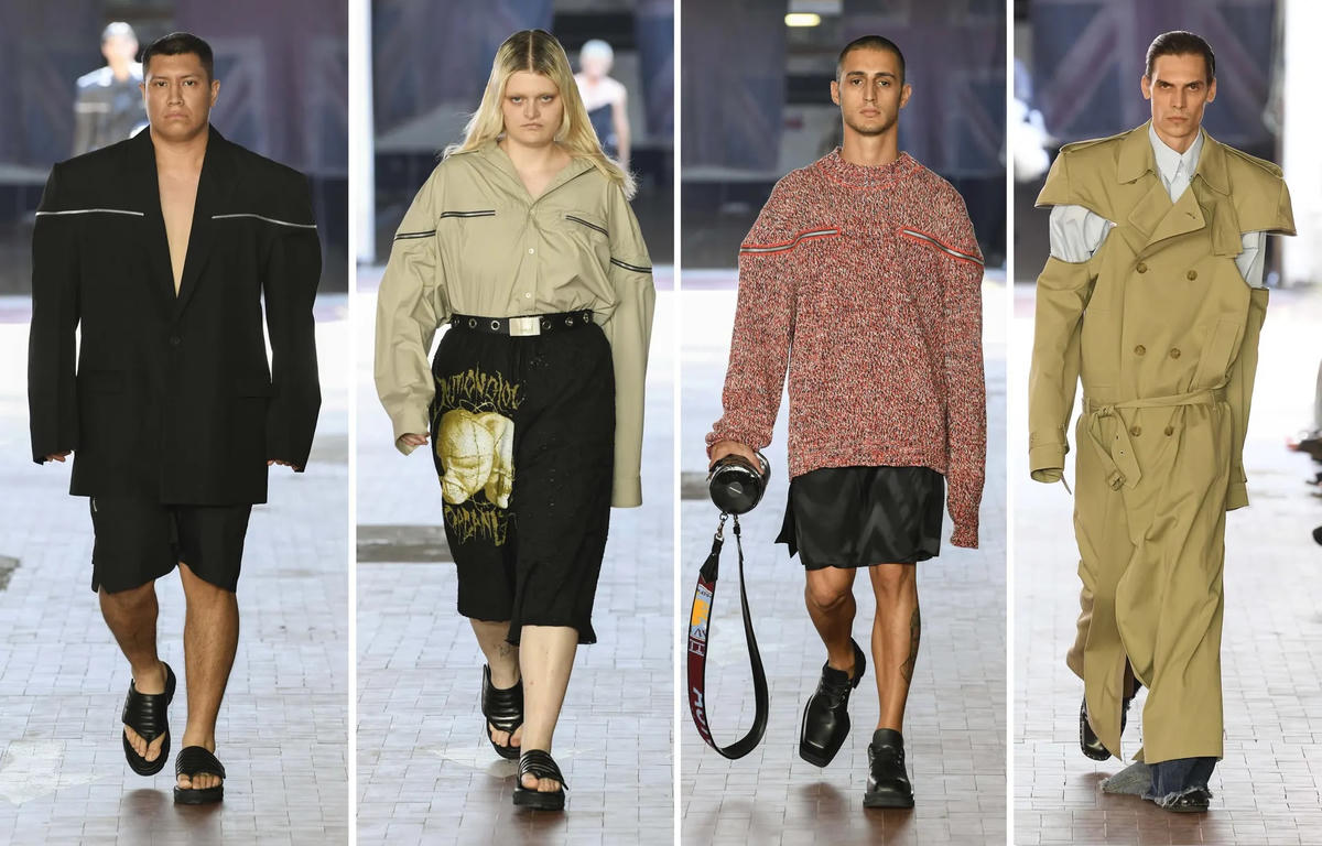 JordanLuca - Bộ đôi nhà thiết kế đã khéo léo đưa giả thuyết "Ổ tử thần" (Death drive) vào trong BST thời trang của mình, từ chiếc áo khoác ngoài cồng kềnh Frankenstein đến những trang phục denim sờn rách. Sàn diễn lần này có sựu góp mặt của những người mẫu được tuyển chọn trên đường phố, có độ tuổi trải dài trong 5 thập kỷ.