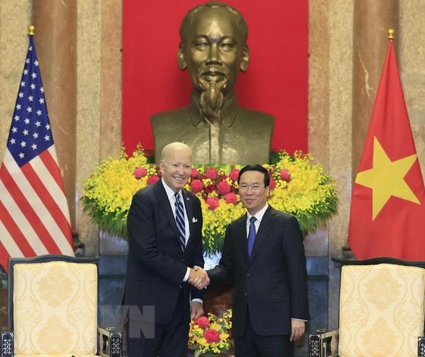 Chủ tịch nước Võ Văn Thưởng tiếp Tổng thống Hoa Kỳ Joe Biden. (Ảnh: Thống Nhất/TTXVN).  