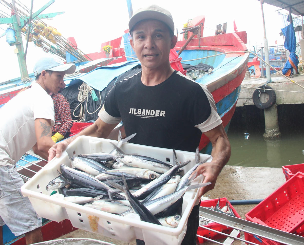 Ngư dân Trần Đức Linh vui mừng trúng mẻ cá chuồn.