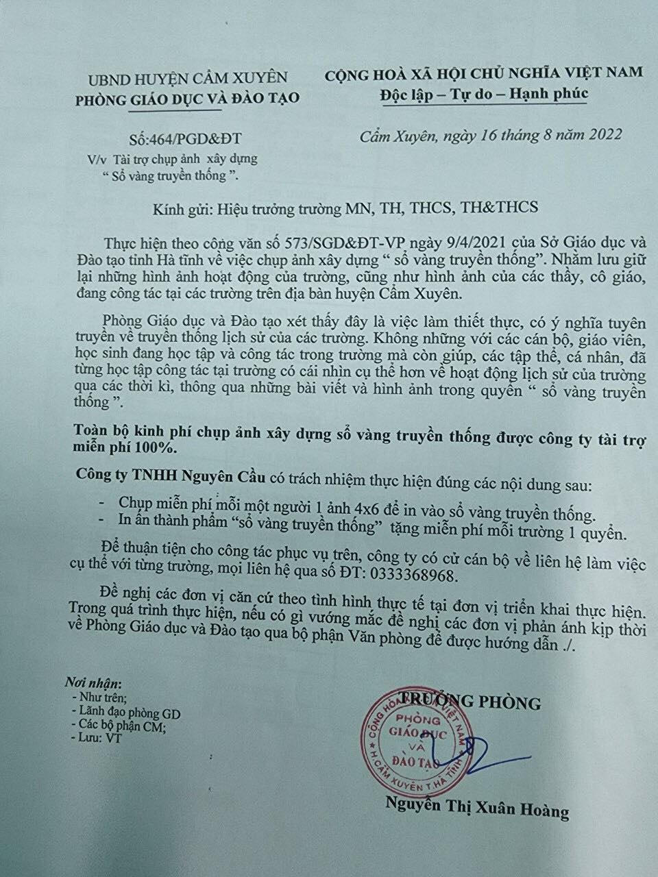 Phòng GD&ĐT Cẩm Xuyên giới thiệu Công ty TNHH Nguyên Cầu về các trường học làm "sổ vàng truyền thống".