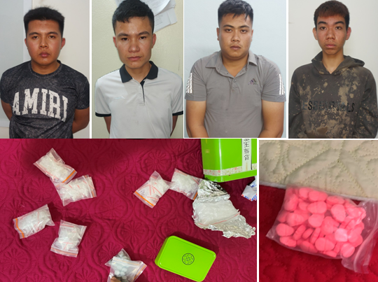 Bốn đối tượng tại Công an quận Đồ Sơn và tang vật vụ án.