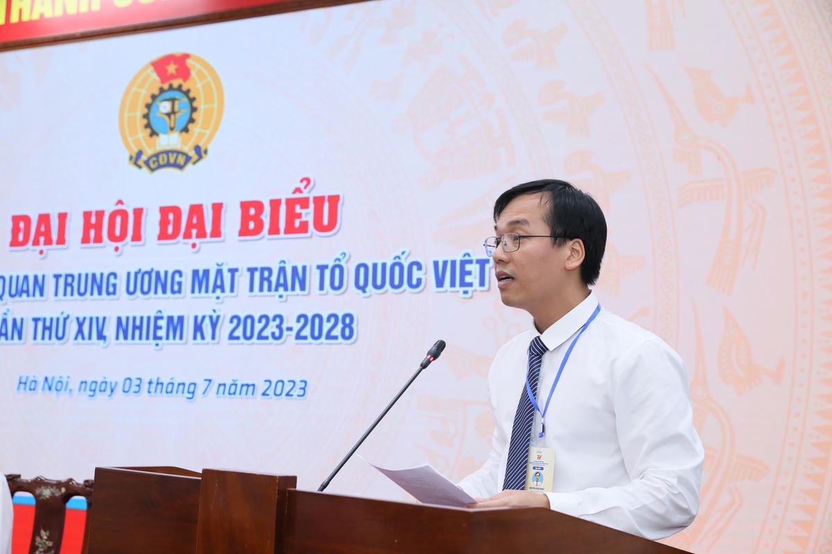Ông Nguyễn Bình Minh, Chủ tịch Công đoàn Cơ quan Trung ương MTTQ Việt Nam, nhiệm kỳ 2023-2028 phát biểu tại Đại hội.