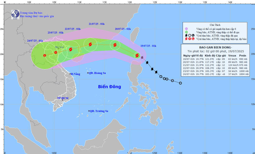 Vị trí và đường đi dự báo của bão. (Nguồn: Trung tâm Dự báo Khí tượng Thủy văn Quốc gia)