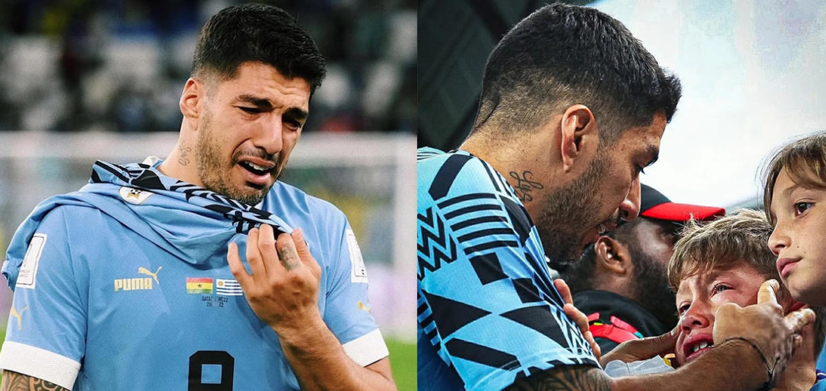 Đây có lẽ là khoảnh khắc buồn nhất của World Cup 2022. Suarez chạy lên khán đài hôn an ủi con trai mình khi đội bóng của họ chính thức bị loại khỏi giải bóng đá lớn nhất hành tinh. Ảnh: TTVH.