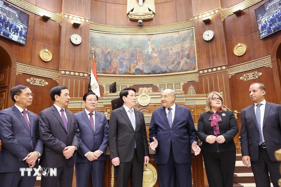 Chủ tịch Thượng viện Ai Cập Abdel-Wahab Abdel-Razek giới thiệu với Chủ tịch nước Lương Cường về trụ sở Thượng viện Ai Cập. (Ảnh: Lâm Khánh/TTXVN)