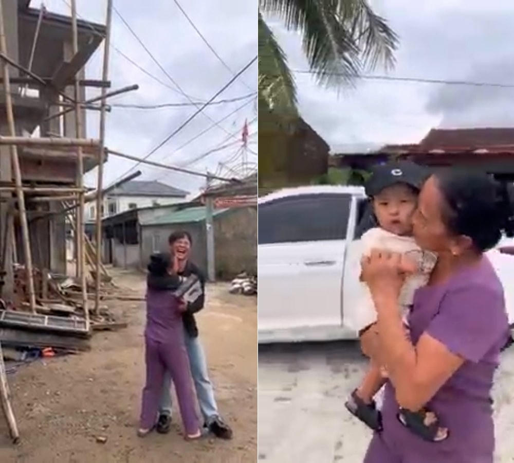 Người mẹ bất ngờ khi thấy con trai sau 5 năm đi xuất khẩu lao động dẫn theo vợ con trở về. Ảnh: Cắt từ clip