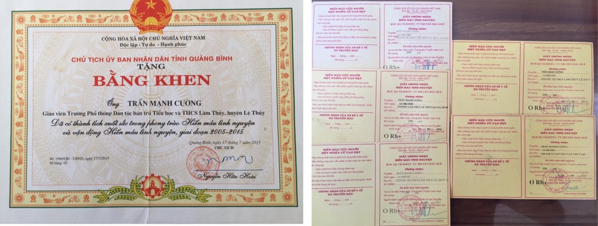 Bằng khen của Chủ tịch UBND tỉnh Quảng Bình tặng thầy Trần Mạnh Cường vì đã có thành tích xuất sắc trong Phong trào Hiến máu tình nguyện và vận động Hiến máu tình nguyện.