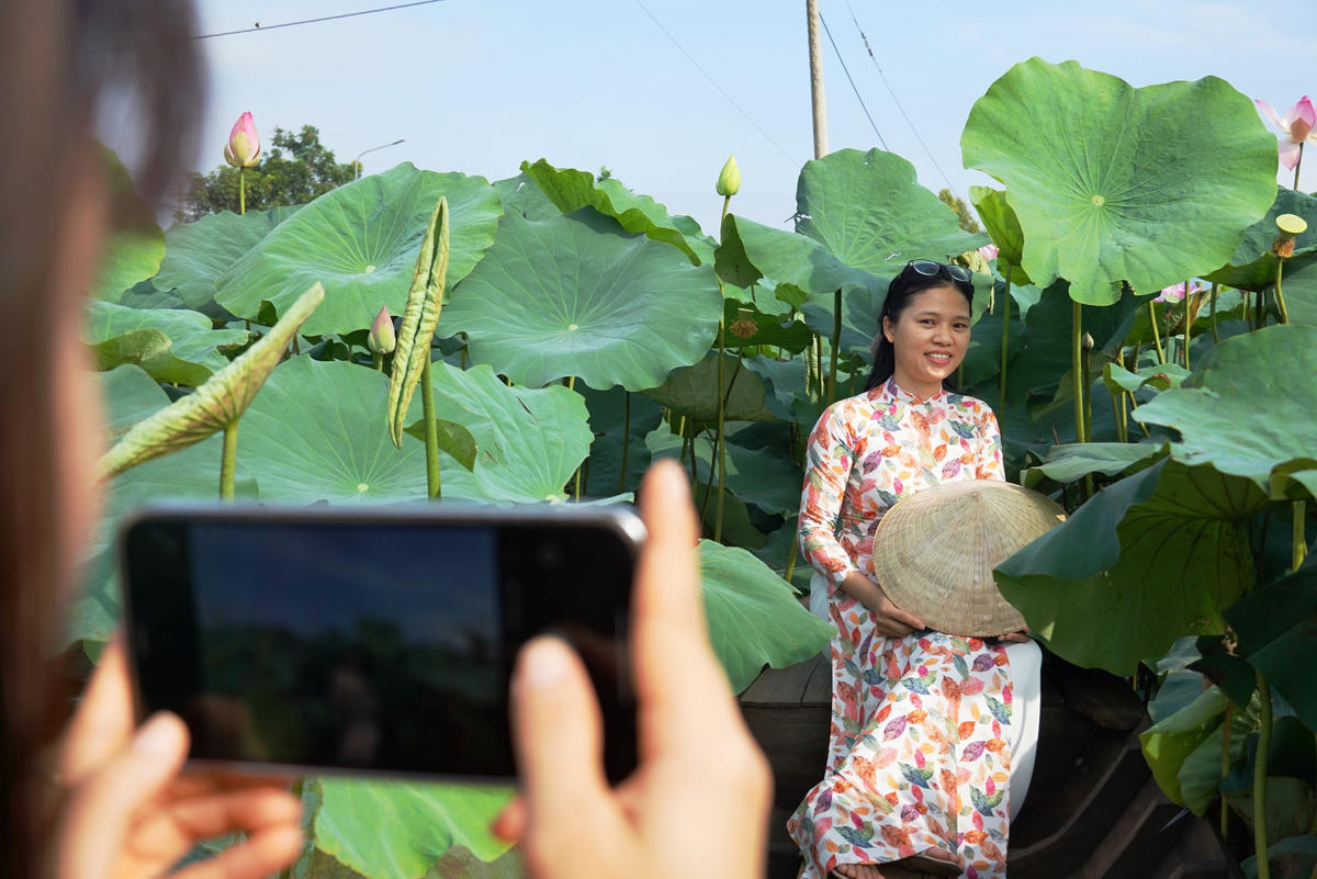 Khoảng 1 tháng nay, cánh đồng sen hồng Lang Minh Farm thu hút đông đảo các bạn trẻ đến đây check-in. Ảnh: Mạnh Thìn.
