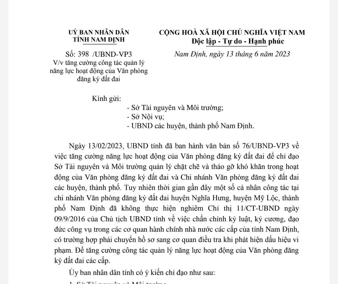 Văn bản chỉ đạo mới nhất của UBND tỉnh Nam Định liên quan tới hoạt động của Văn phòng Đăng ký đất đai.